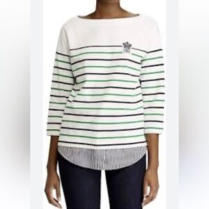 Lauren Ralph Lauren Striped Boat Neck Top with RL Crest Cotton Sz 2XL